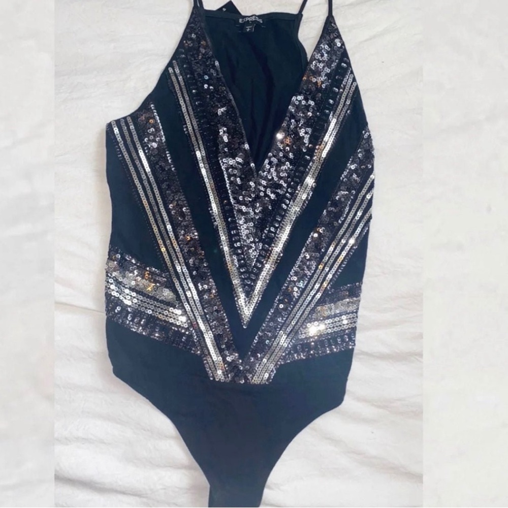New Women’s Size Small Express Black & Silver Sequin Thong Bodysuit
